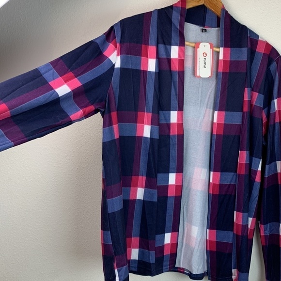 NWT Lightweight knit open front blue plaid shirt jacket faux suede elbow patches - Picture 4 of 9